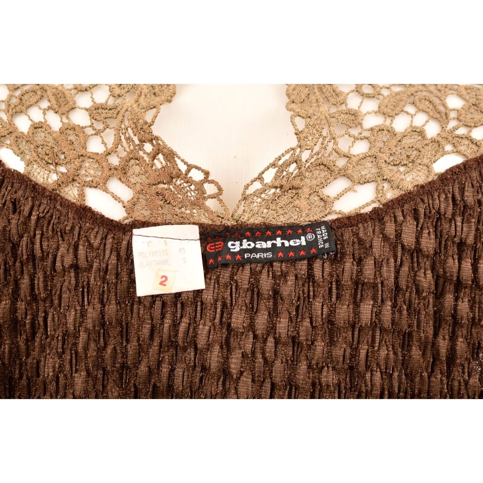 Vintage VINTAGE G. Barhel Paris Blouse Shirt Womens Brown 2 Polyamide Top Crochet Collar Made in France Size XS / US 0-2 / IT 36-38 - 7 Thumbnail