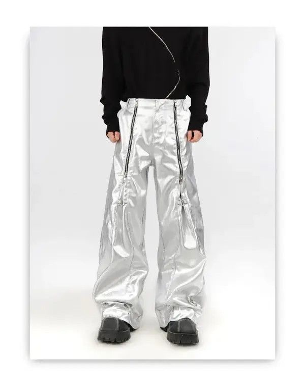 Other Silver Pu Leather Pants with Many Zippers Trousers Size US 34 / EU 50 - 4 Thumbnail