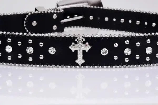 Leather Black Cross Rivet Belt Engraved Buckle Rhinestone PU Belt Size ONE SIZE - 7 Thumbnail