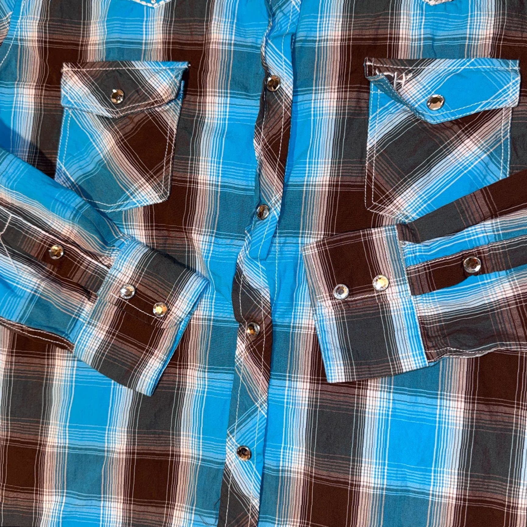Vintage Cowgirl Hardware Shirt - L Blue & Brown Plaid Western Bling Snap Button-Up Womens Regular Long Sleeve Cotton Knit Classic Western Blouse Size L / US 10 / IT 46 - 4 Thumbnail