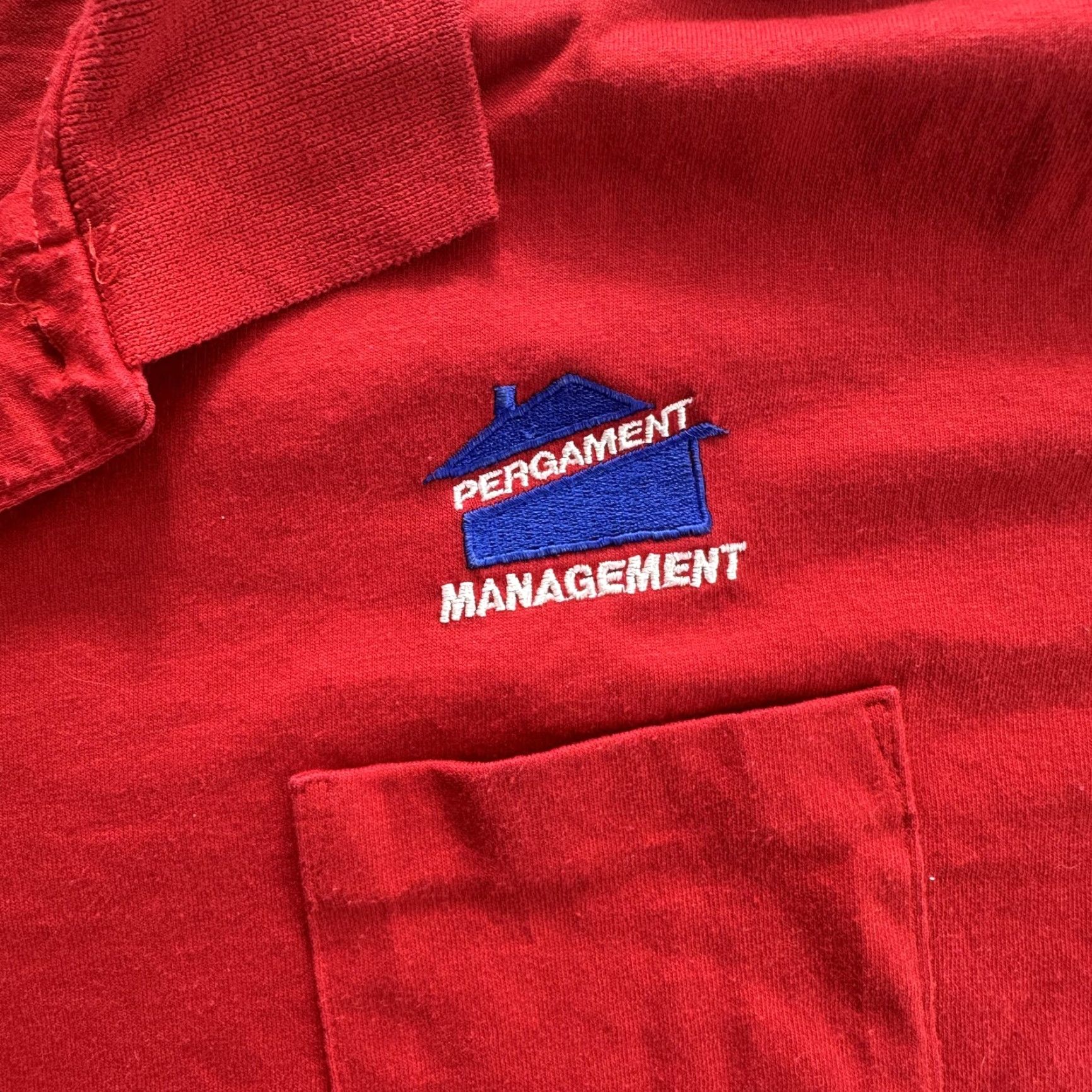Jerzees VINTAGE Jerzees Polo Shirt Mens XL Pergament Management Pocket Embroidered USA Red Polo Shirt Work Mens XL Red Size US XL / EU 56 / 4 - 6 Thumbnail