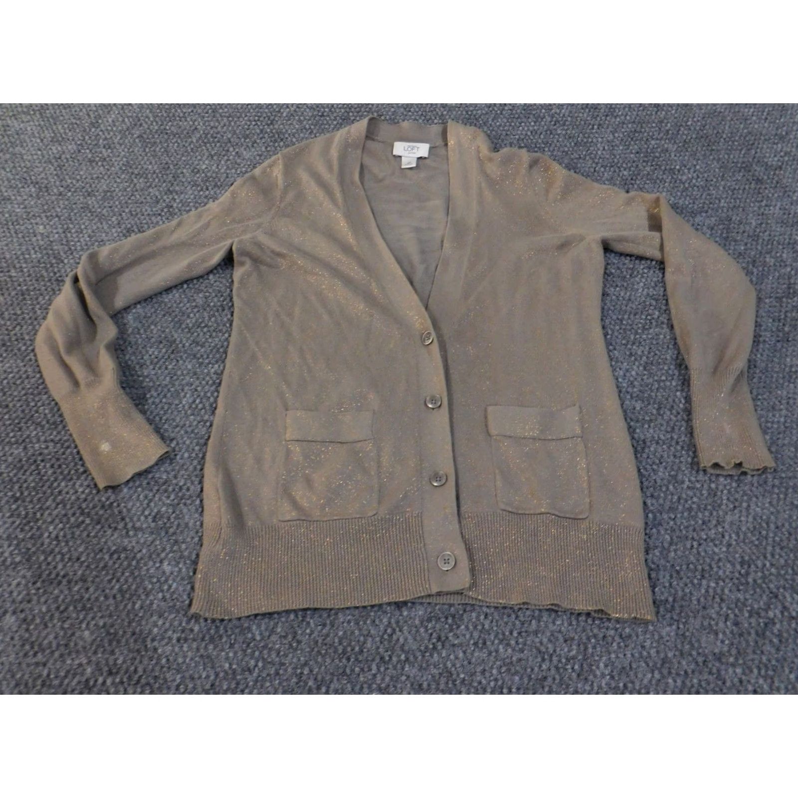 Ann Taylor Ann Taylor LOFT Cardigan Sweater Womens Small Petite Brown Gold Metallic Pockets Knit V-Neck Lightweight Shimmer Size S / US 4 / IT 40 - 2 Thumbnail