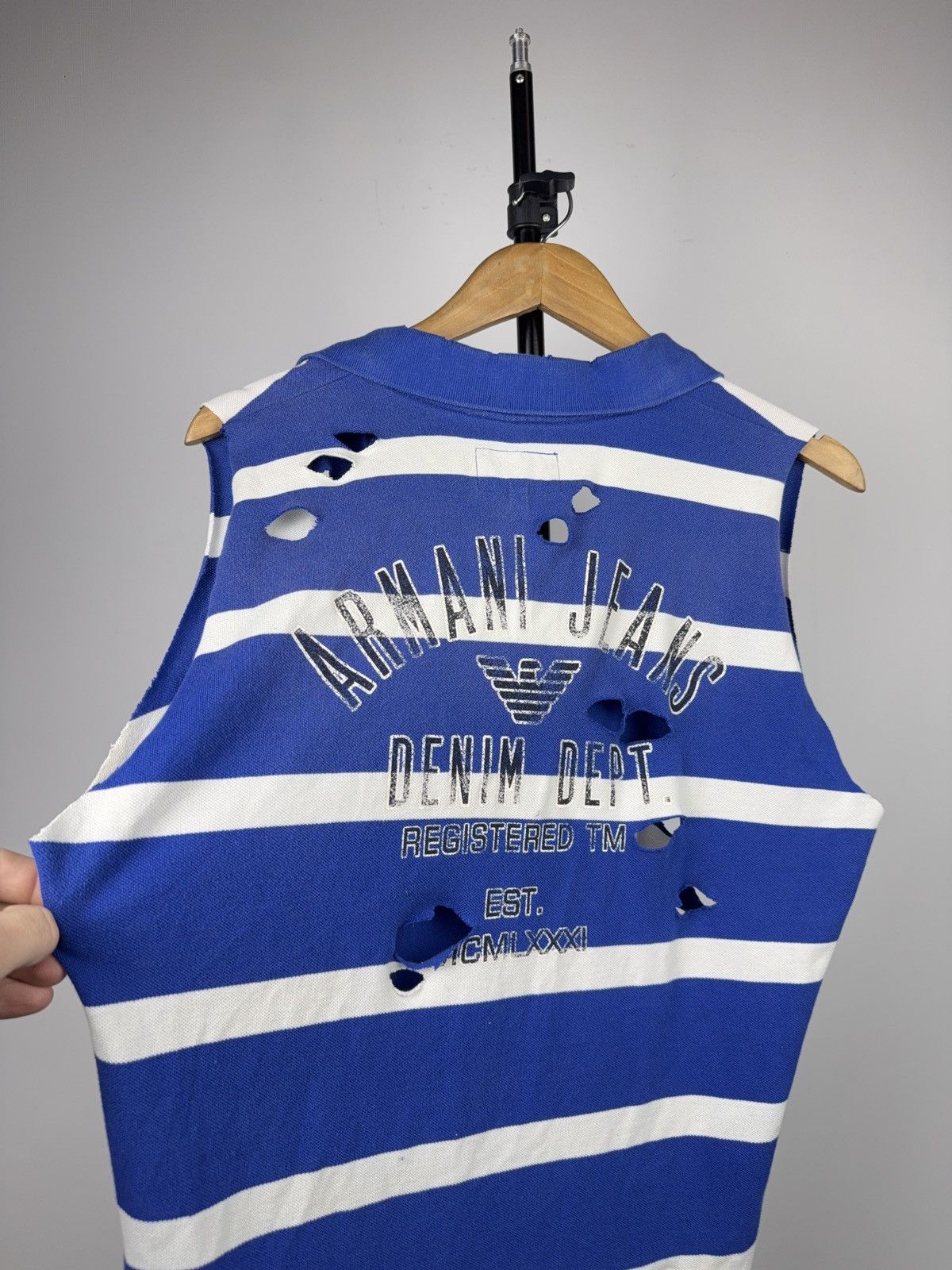 Armani Vintage 90s Armani Jeans Distressed Striped Polo Vest Y2K Size US L / EU 52-54 / 3 - 13 Thumbnail
