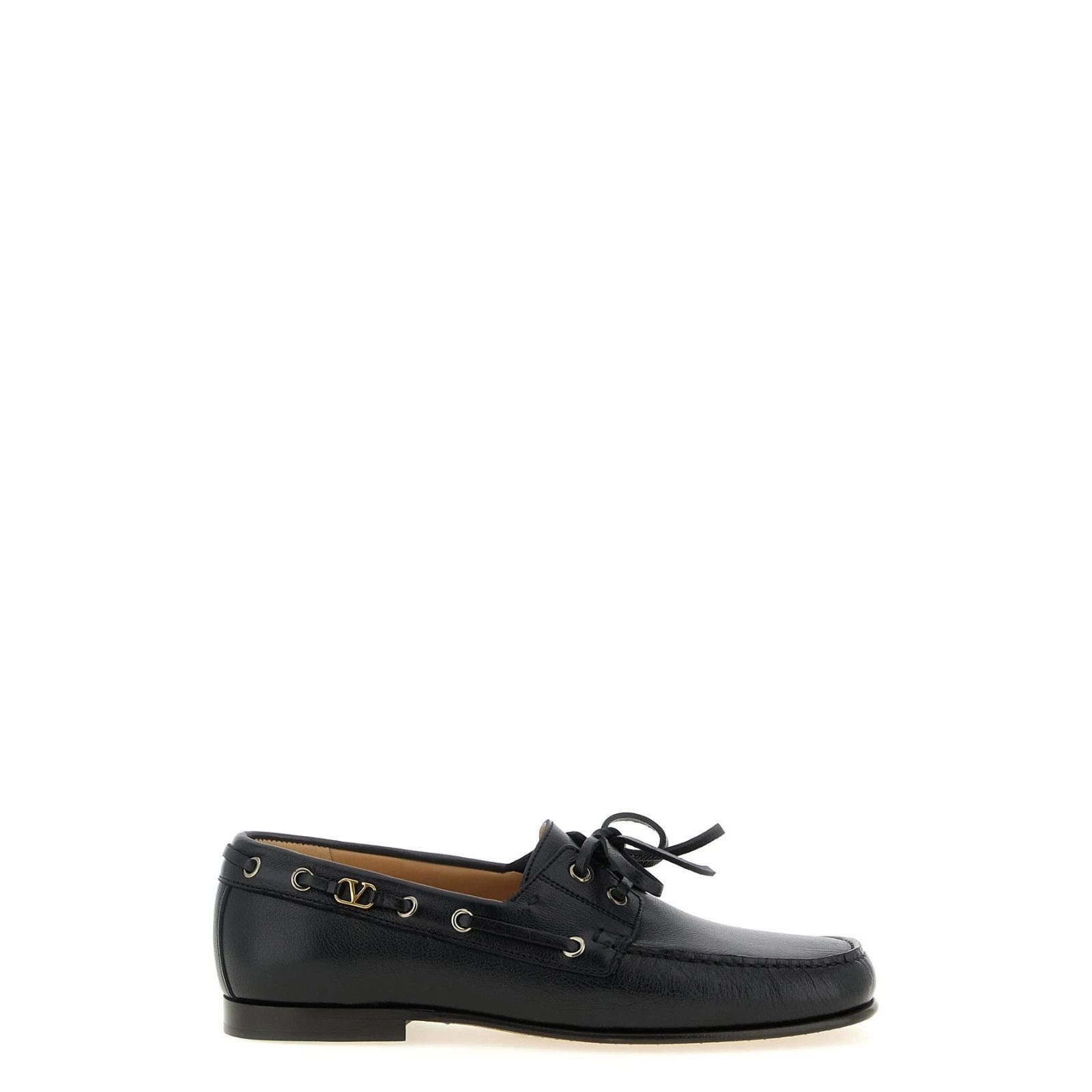 VALENTINO GARAVANI Palm Avenue Black Leather Boat Shoes New