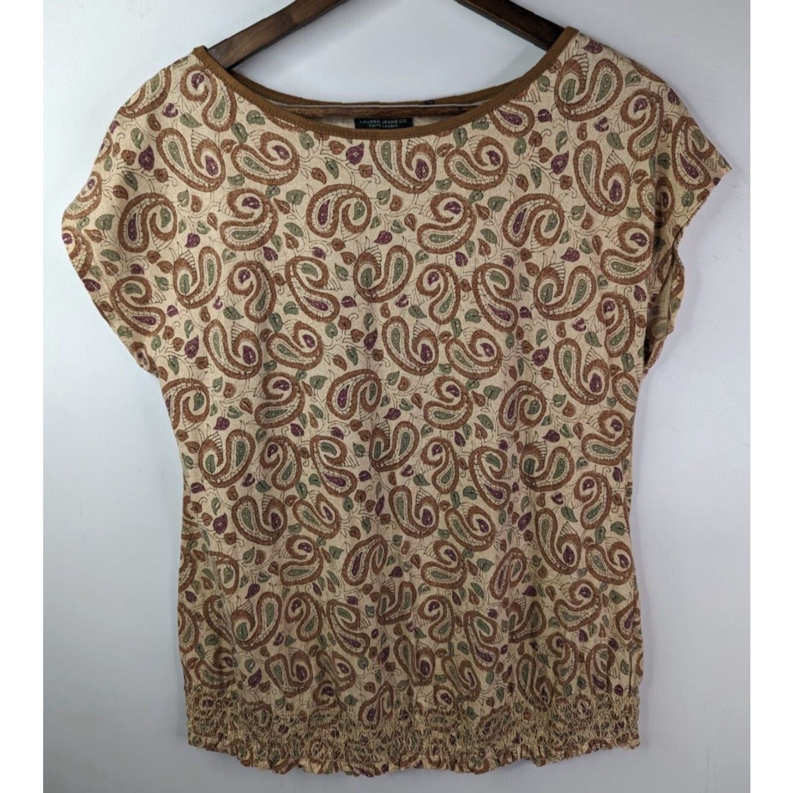 Ralph Lauren RALPH LAUREN LRL Tan Paisley Cotton Knit Faux Suede Trim Smocked Hem Top M Beige Womens Blouse Knit Cotton Short Sleeves Boat Neck Casual 90s? Size M / US 6-8 / IT 42-44 - 2 Thumbnail