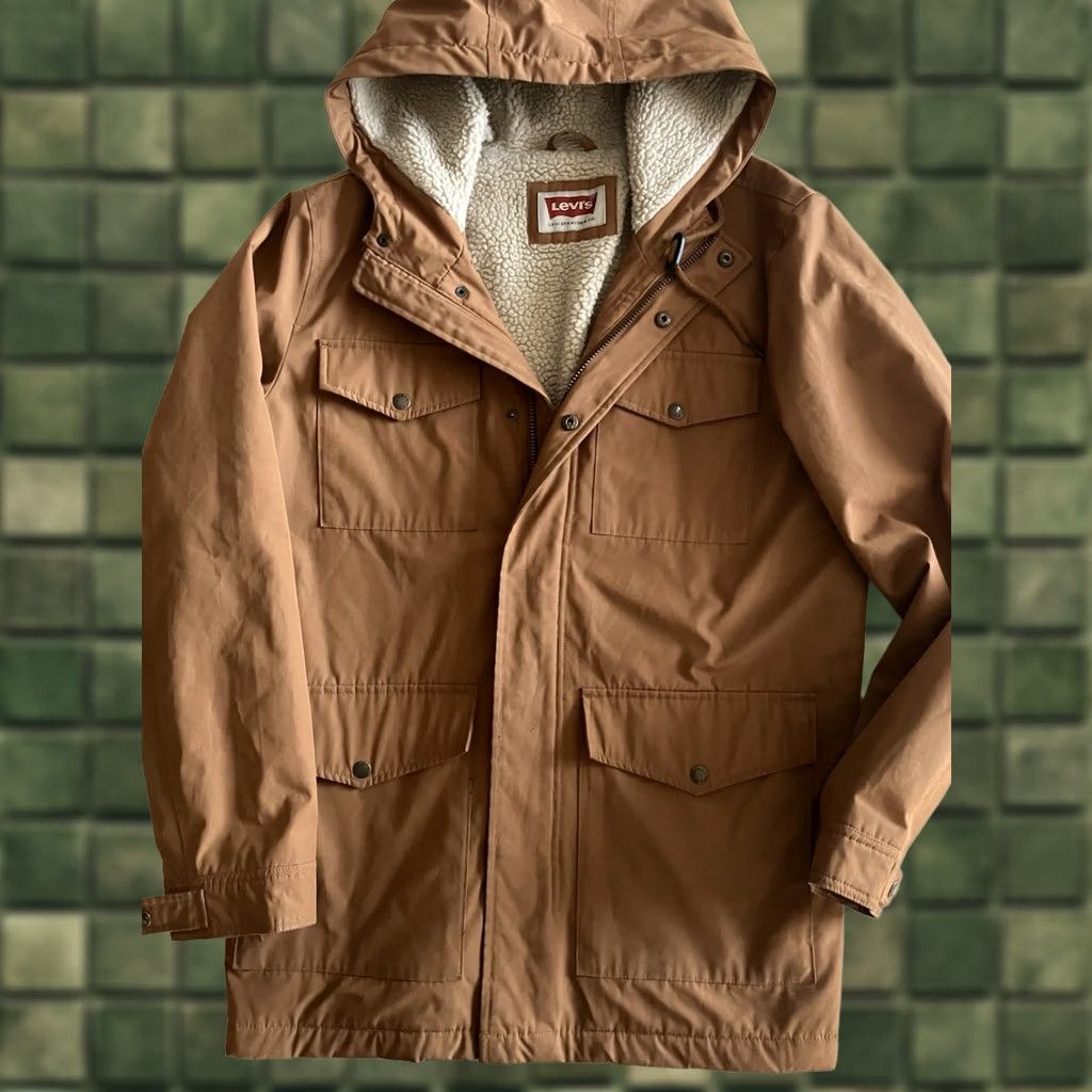 Levi's Levi's Men's Parka Jacket Shirt Chore Hooded Lined Arctica Arctic Cloth Sherpa zip Snap Zip Full Zip Weather Resistant 56" Chest Medium Brown Size US M / EU 48-50 / 2 - 1 Thumbnail