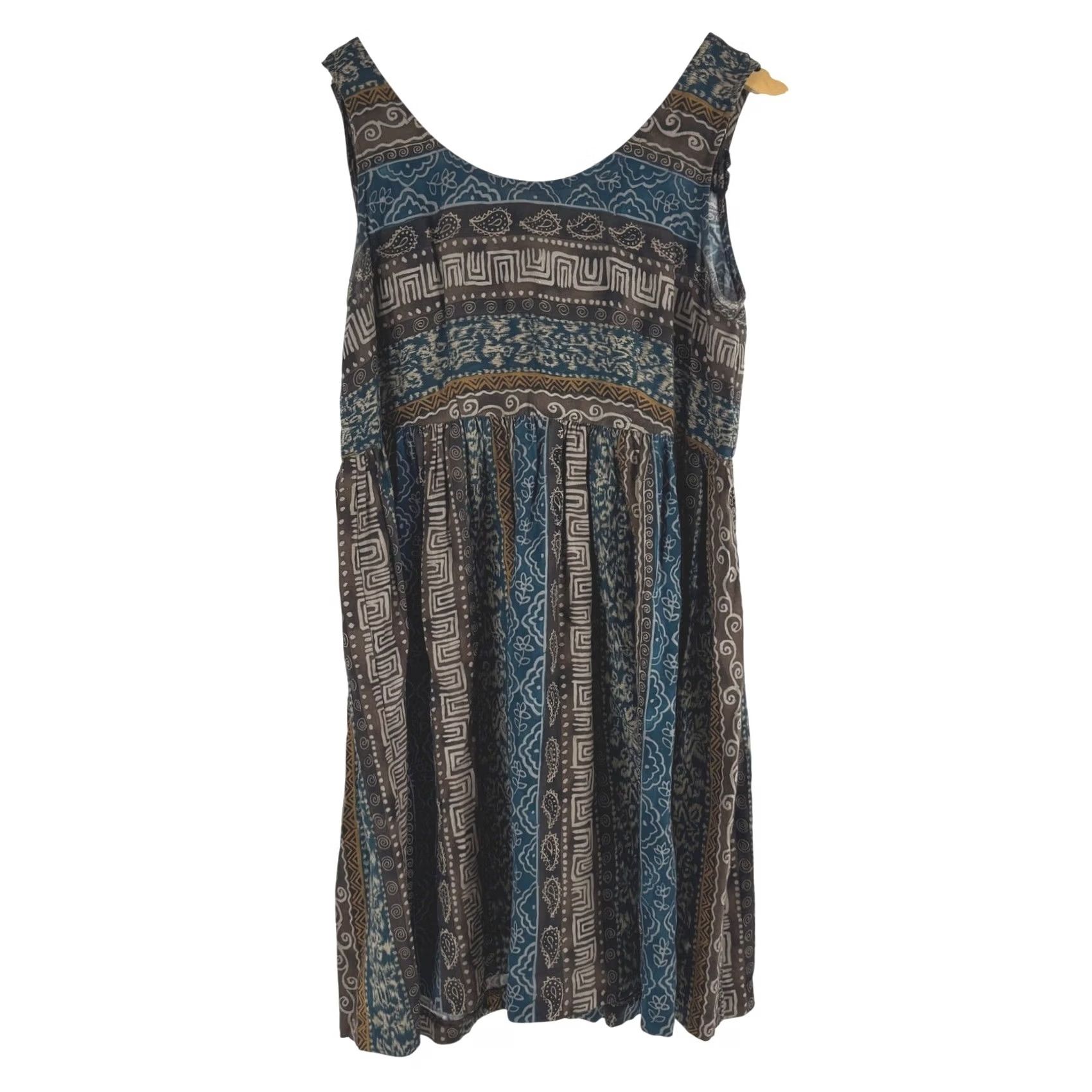Vintage VINTAGE All That Jazz 90s Rayon Boho Geometric Paisley Mini Dress Blue Brown 9/10 Size L / US 10 / IT 46 - 2 Thumbnail