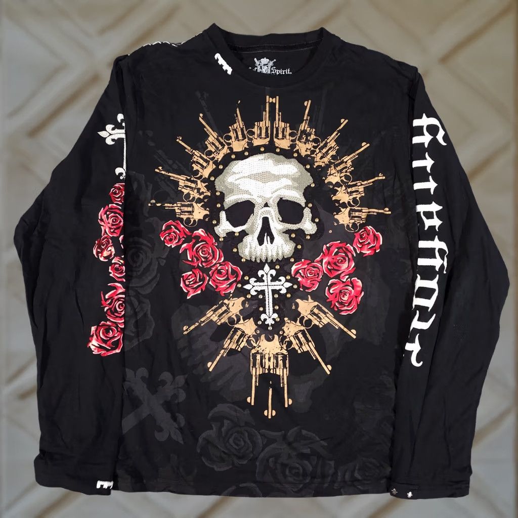 VINTAGE Rebel Spirit Shirt Men's XL Long Sleeve Skull Roses Embroidered Graphic Mens