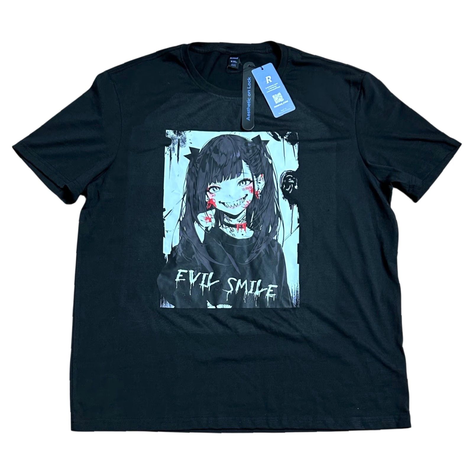 Vintage ROMWE Men's Black Evil Smile Girl Graphic Print Shirt Sz 2XL NWT Anime Shirt Men Short Sleeve Graphic Print Shirt Black Mens 2XL Anime Size US XXL / EU 58 / 5 - 2 Thumbnail