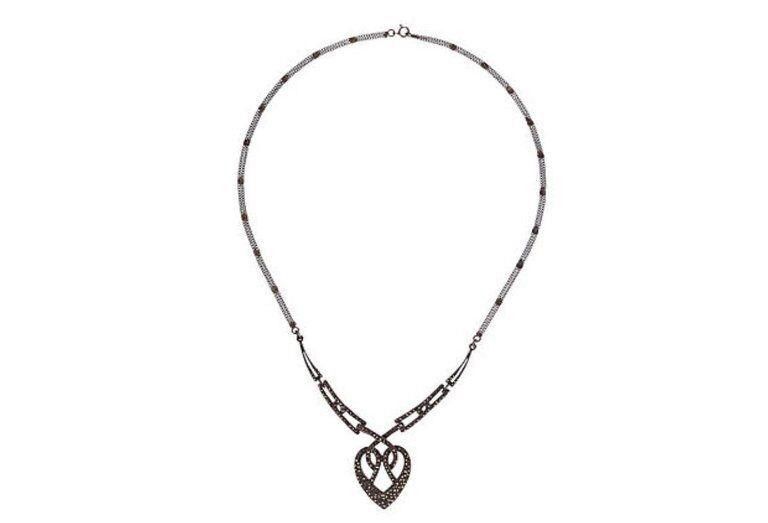 Designer Art Deco Sterling Silver Pave Marcasite Heart Necklace Size ONE SIZE - 3 Thumbnail