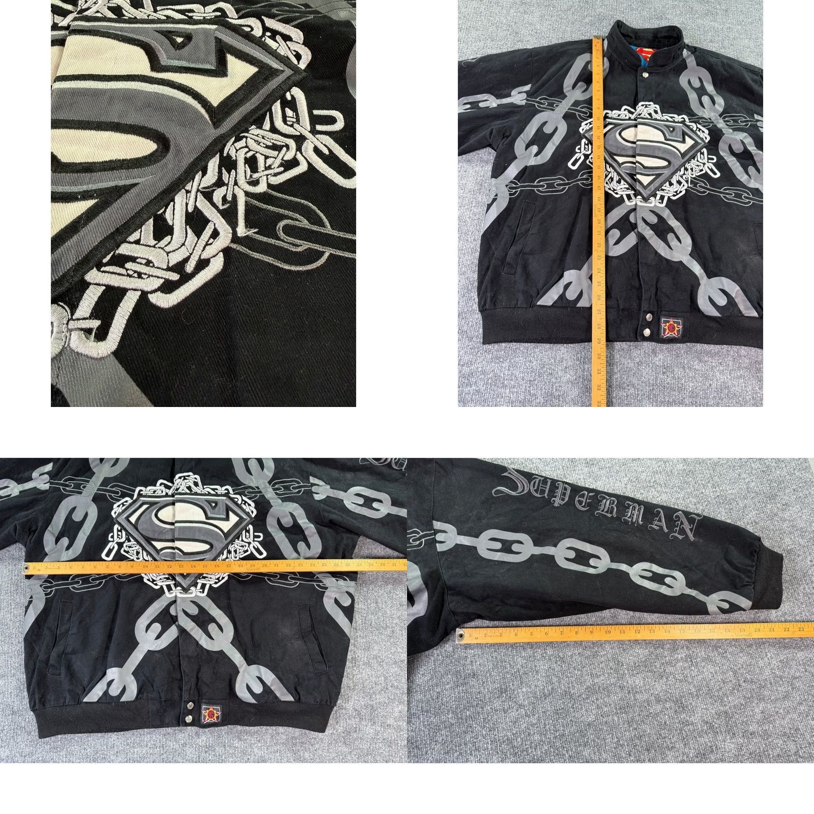 JH Design VINTAGE JH Design Superman Jacket Mens 2XL Black Twill Bomber Jacket Embroidered Chain Graphic Size US XXL / EU 58 / 5 - 8 Thumbnail