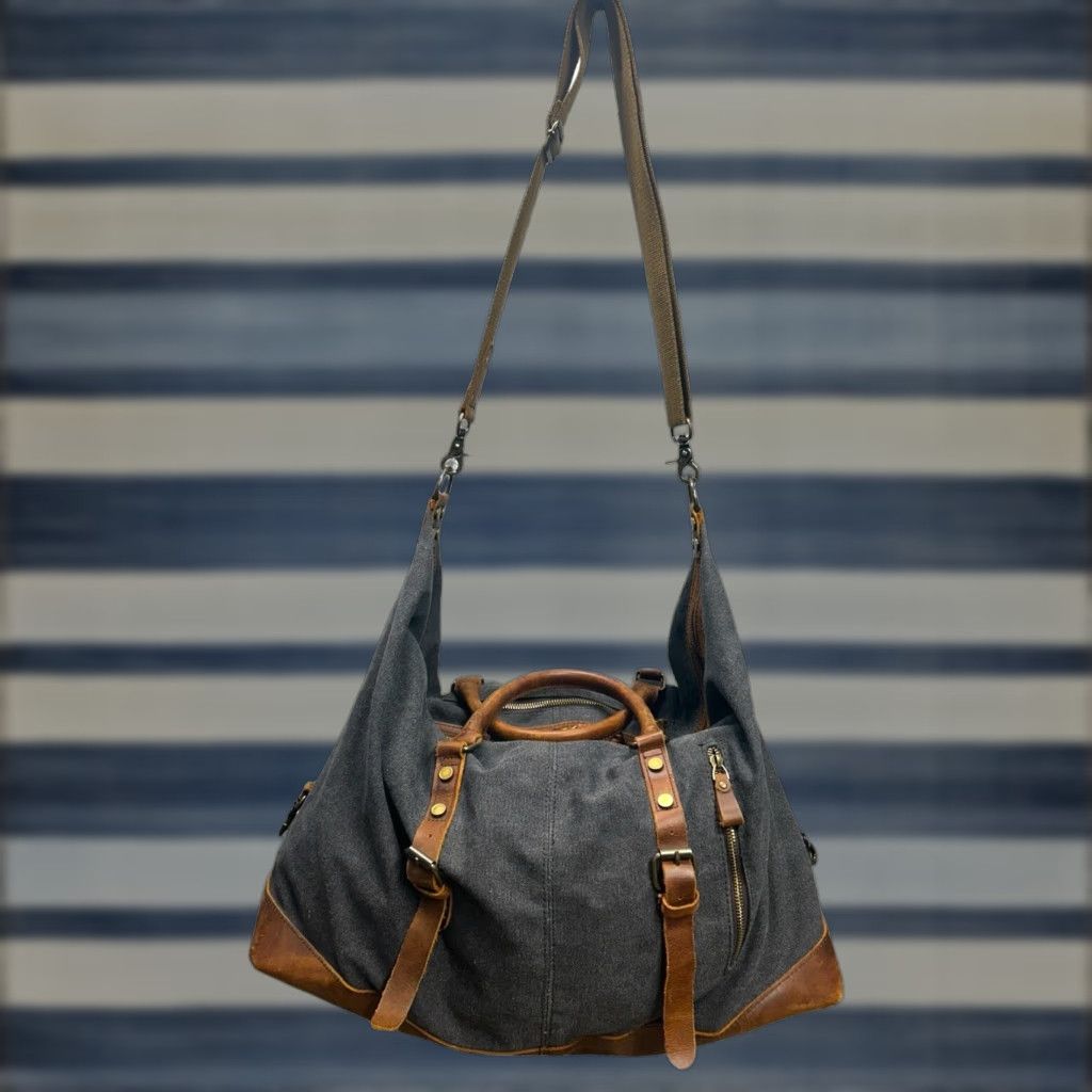 Vintage Case Duffle Bag Adult Large Gray/Brown Canvas Leather Trim Travel Suitcase Bag Pockets Zip-Around Lined Size ONE SIZE - 1 Thumbnail