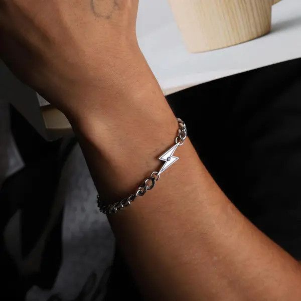 Jewelry Silver Chain Lightning Bolt Bracelet, Chunky Link Bracelet Size ONE SIZE - 2 Thumbnail