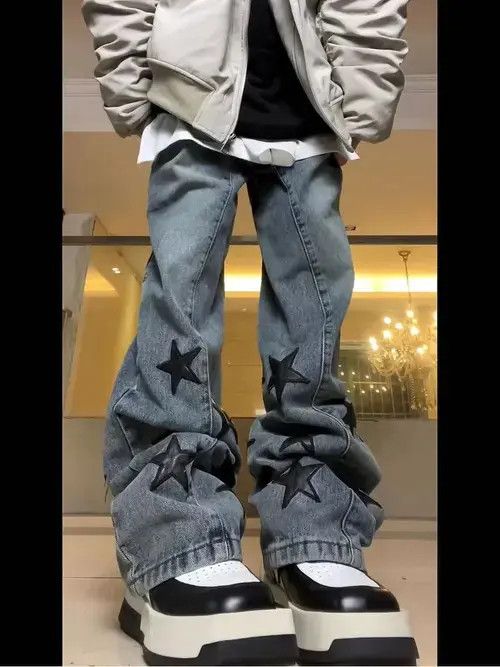 Street style star embroidered patch bootcut jeans