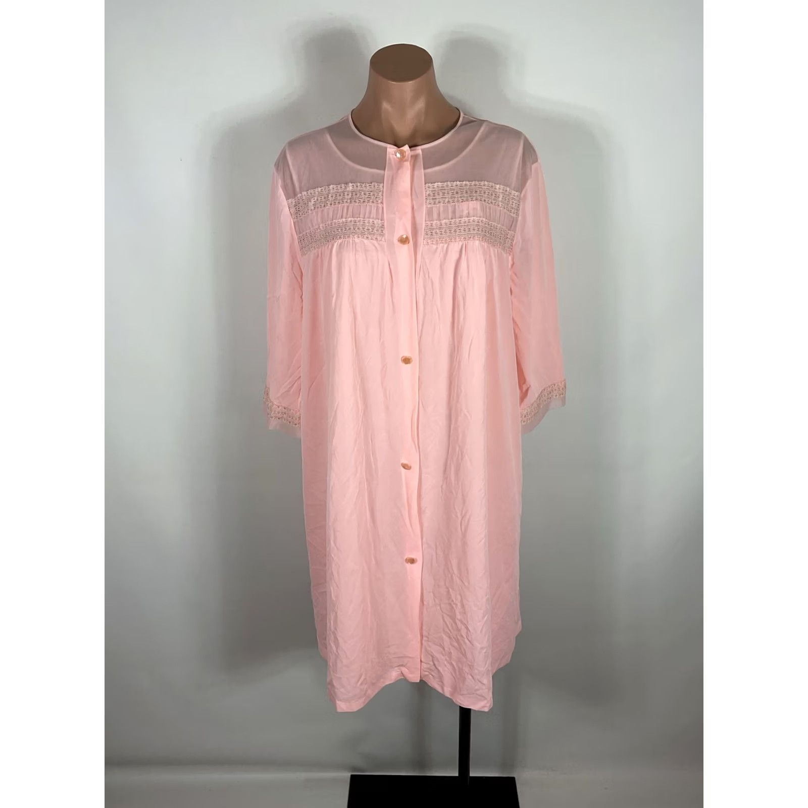 Vintage VINTAGE LORRAINE M Pink Vtg 70s ROBE NIGHTGOWN PEIGNOIR SET Embroidered Lace Size ONE SIZE - 6 Thumbnail