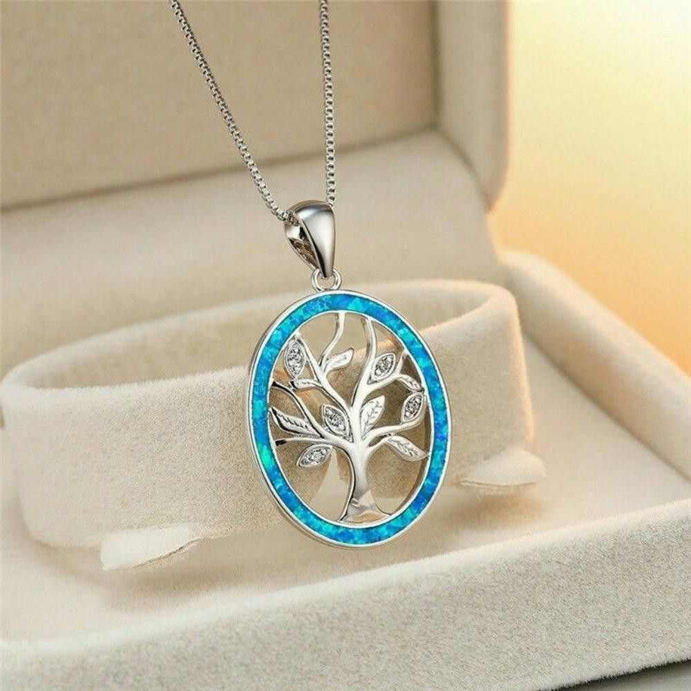 Designer Round Blue Opal Tree Of Life Silver Necklace Size ONE SIZE - 3 Thumbnail