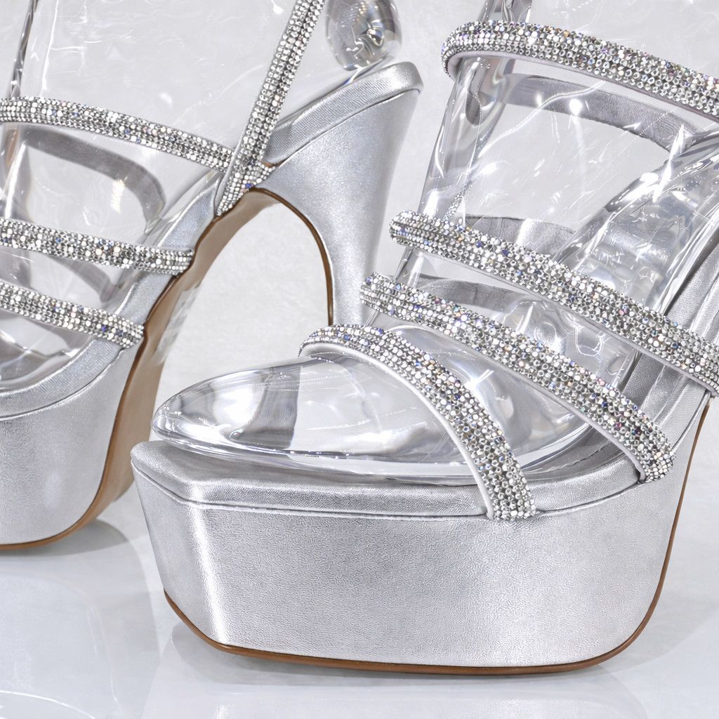 Other Maui Silver 6" Flared Platform High Heels Rhinestone Straps Size US 6.5 / IT 36.5 - 4 Thumbnail