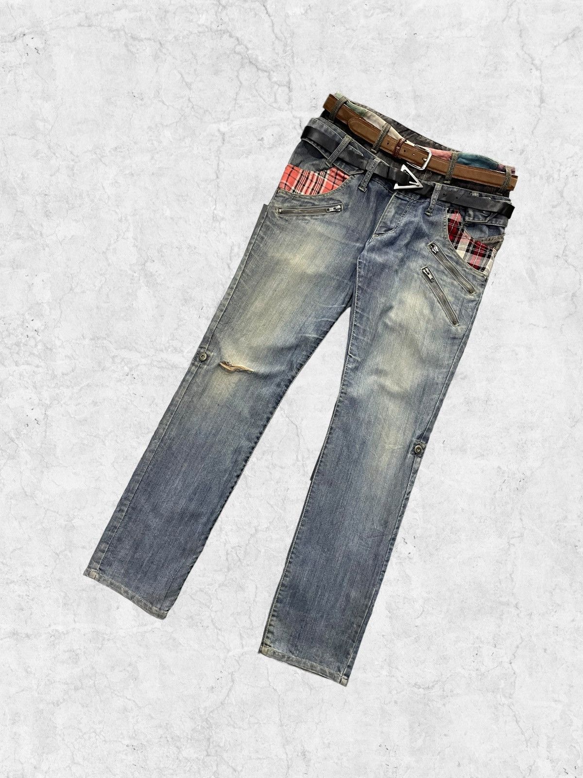 Japanese Brand Vintage Manydope Double Waist Denim Pants With Leather Belt Size US 32 / EU 48 - 4 Thumbnail