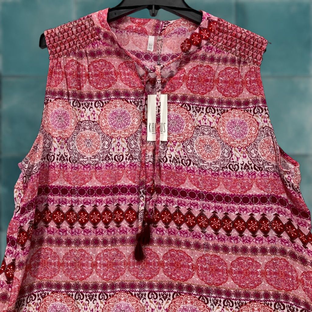 YOKE Kaktus Blouse Shirt Women Sleeveless Red Multi-Print Smocked Yoke Boho Top XL 100% Rayon Size XL / US 12-14 / IT 48-50 - 1 Thumbnail