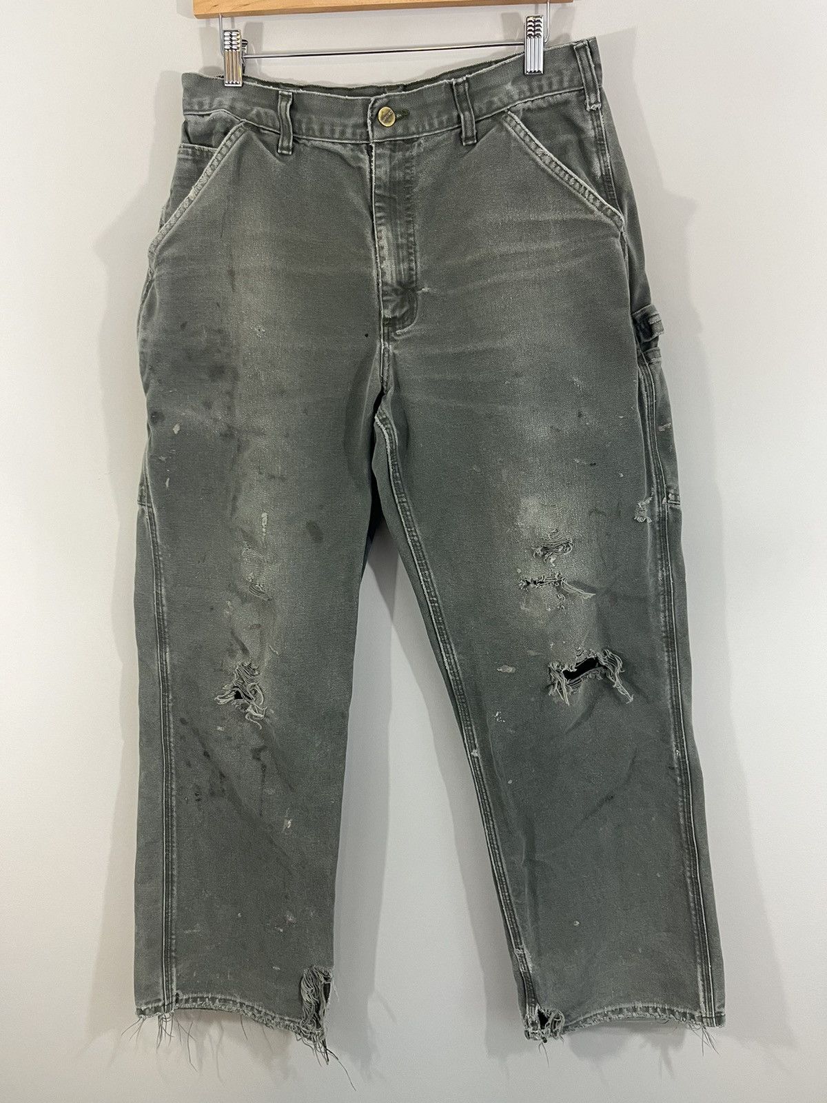 Carhartt Thrashed Sun Faded Olive Carpenter Pants Size US 33 - 1 Thumbnail