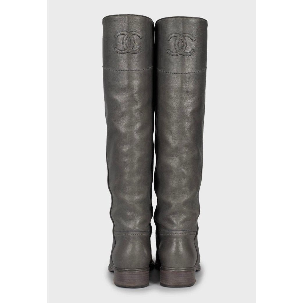 Chanel Chanel Grey Iconic Logo Leather Boots - EU 37.5 Size US 6.5 / IT 36.5 - 4 Thumbnail