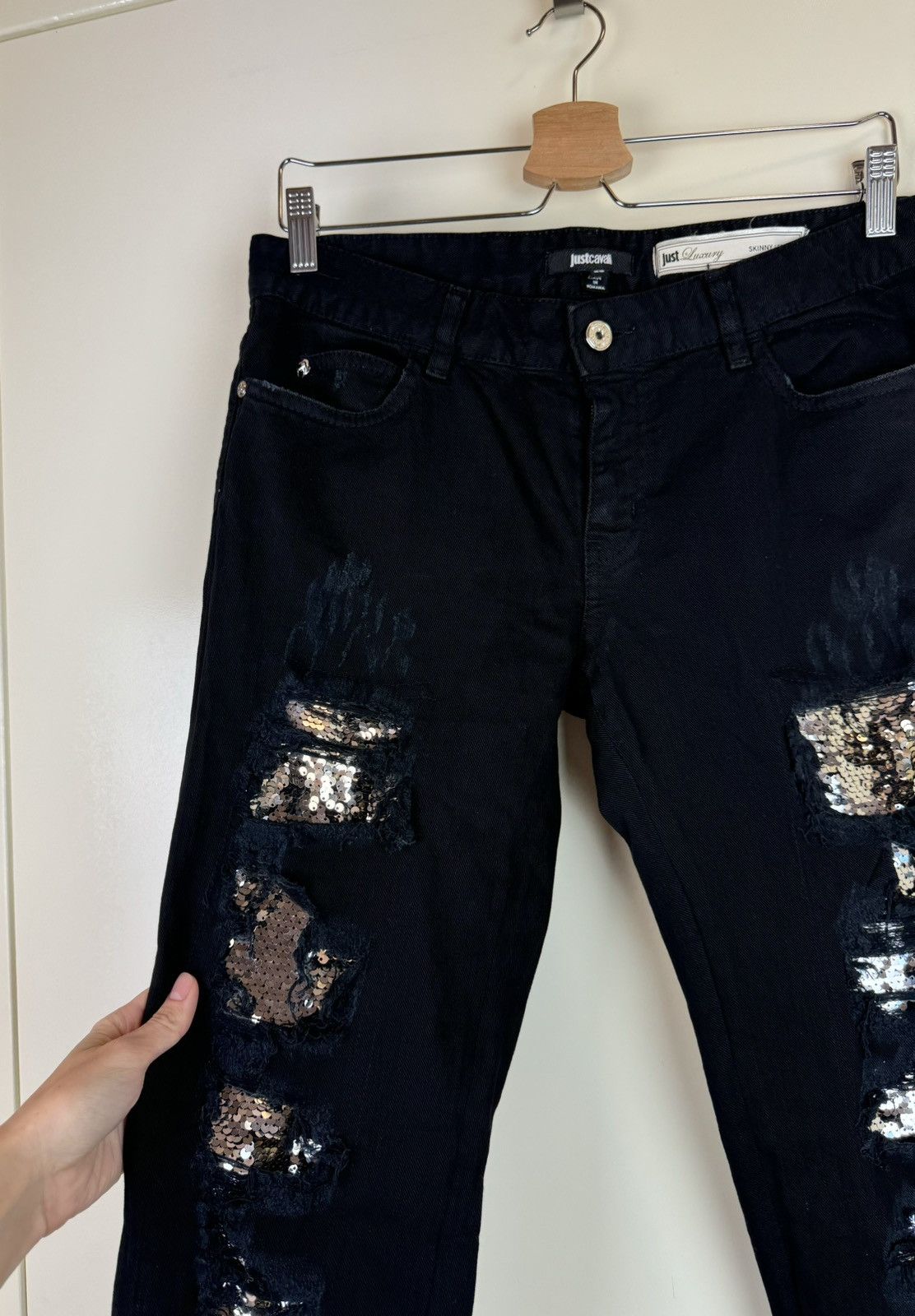 Just Cavalli Roberto Cavalli Y2K streetwear jeans sequins distressed 29 Size 29" - 4 Thumbnail
