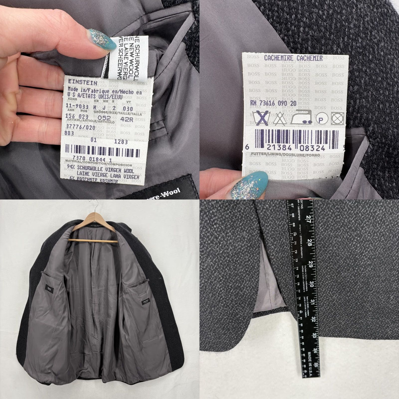 Hugo Boss VINTAGE Hugo Boss Blazer Mens 42R Gray Herringbone Cashmere Wool Blend Sport Coat USA Size 42R - 8 Thumbnail