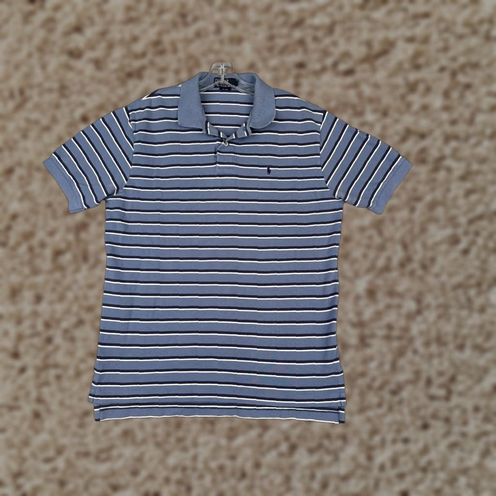 Ralph Lauren VINTAGE Ralph Lauren Polo Shirt Men L Blue White Stripe 100% Cotton Polo Shirt 40 in Chest Slim Fit Short Sleeve Casual Mens Size US L / EU 52-54 / 3 - 1 Thumbnail