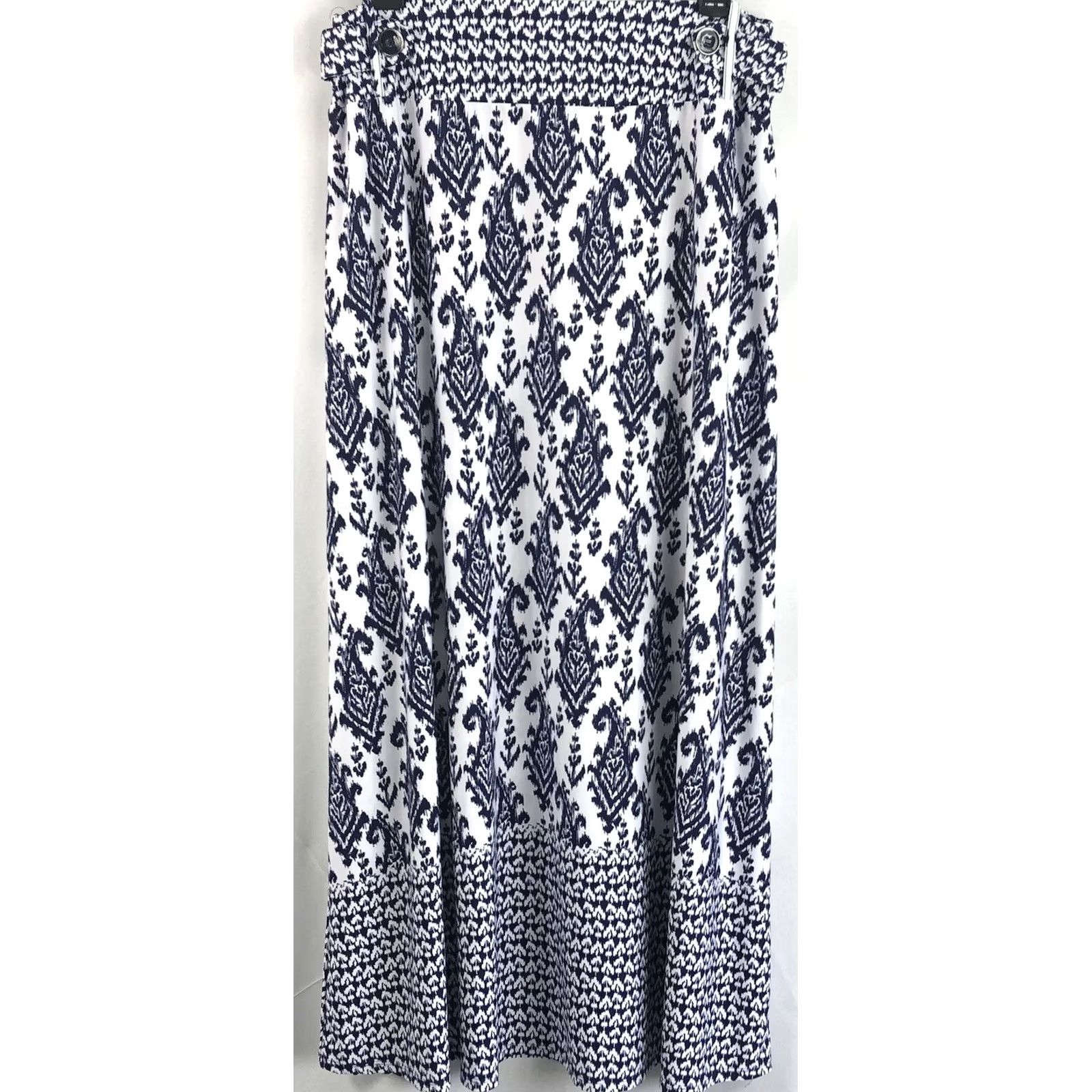 Etro Retro Maxi Skirt L Wht/Blue Geometric A-line Stretch Buttons Boho Hippie 30"w Size 36" / US 14 / IT 50 - 2 Thumbnail