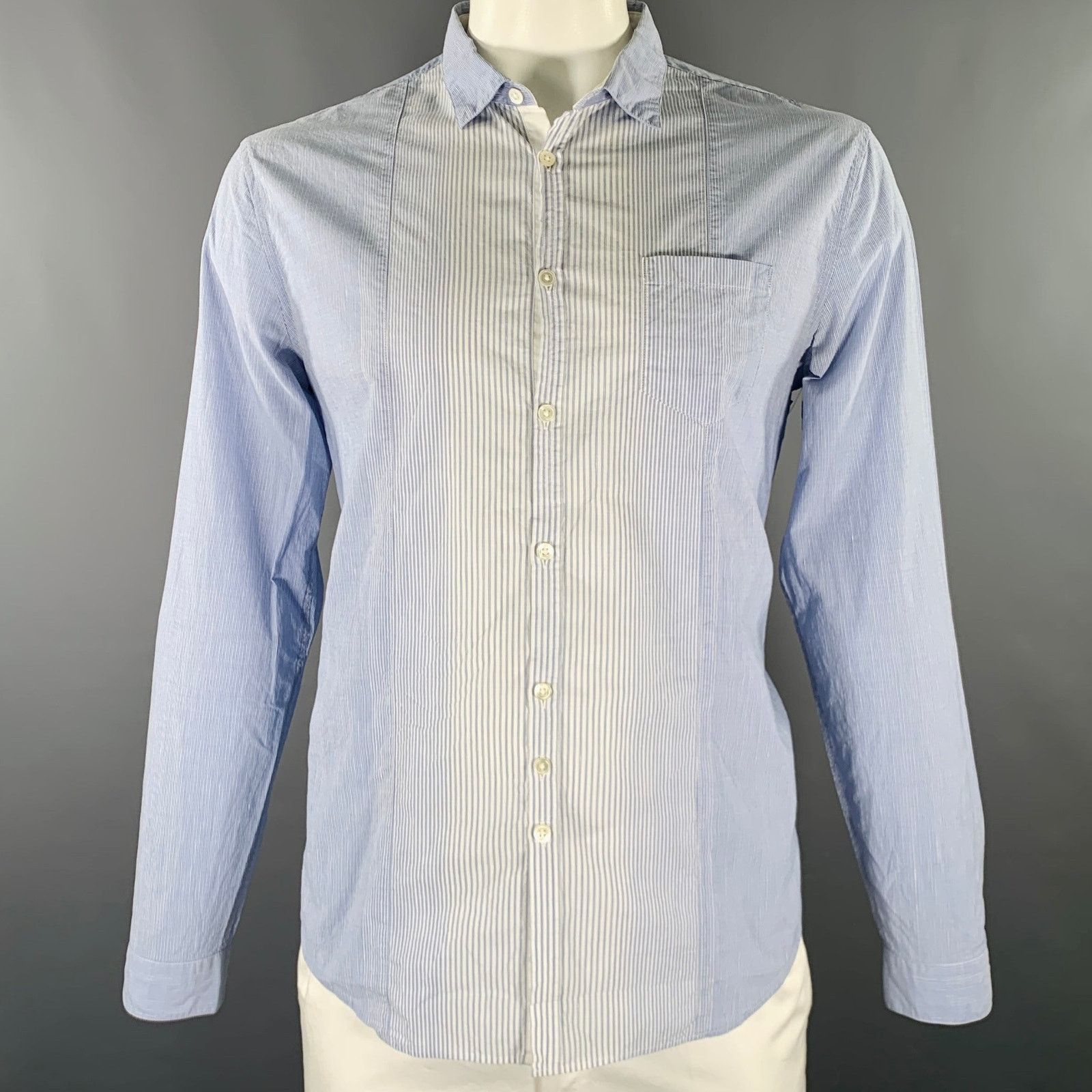 John Varvatos Light Blue White Stripe Cotton Linen Long Sleeve Shirt Size US L / EU 52-54 / 3 - 1 Thumbnail