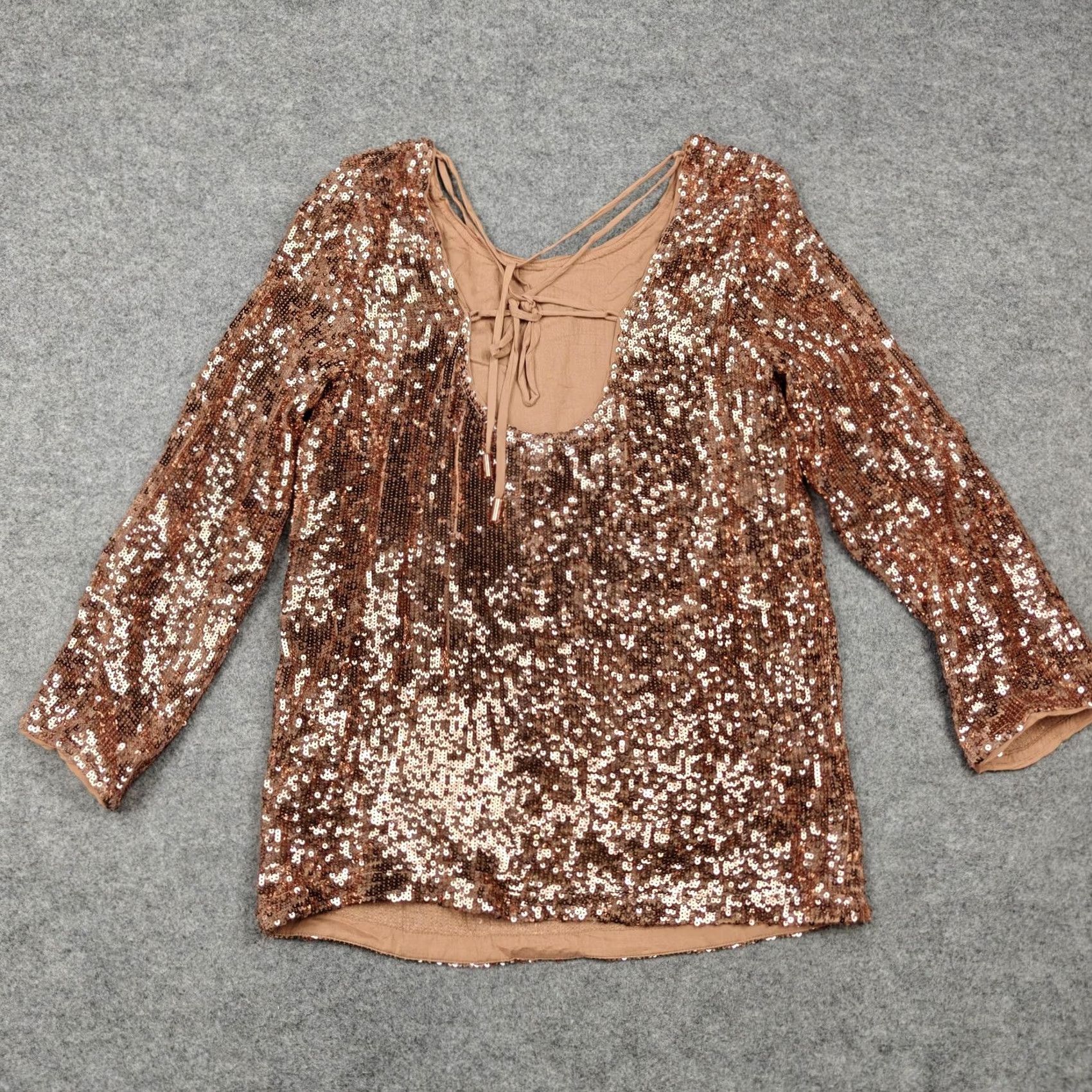 Anthropologie Anthropologie Gold Sequin Tunic Top Blouse Womens 4 3/4 Sleeve Tie Back Size S / US 4 / IT 40 - 7 Thumbnail