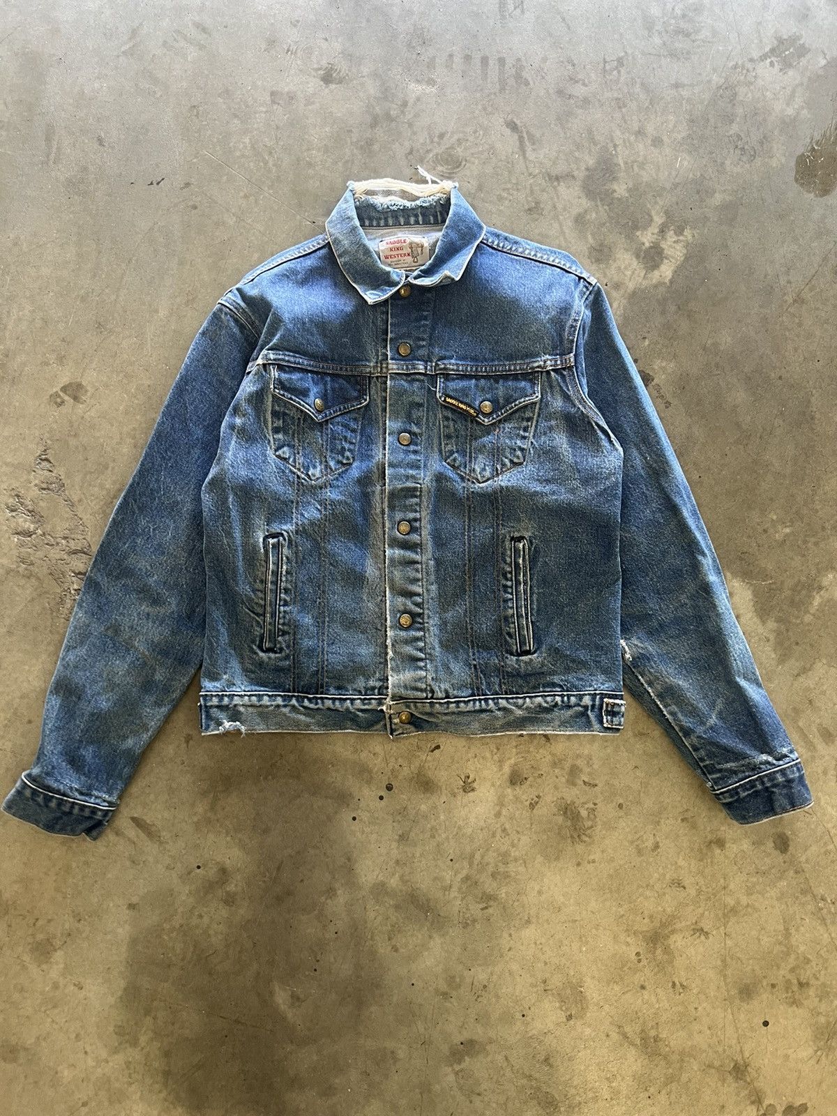 VTG 70s DENIM KEY SADDLE KING WESTERN SHERPA LINED TRUCKER RODEO JACKET 38” S