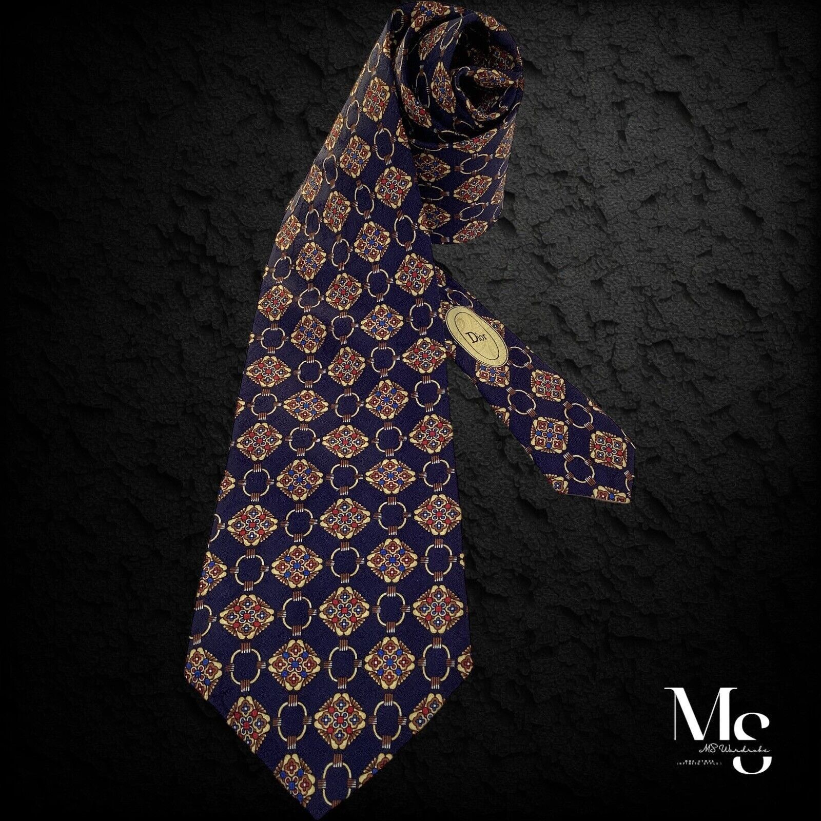 Christian Dior Monsieur CHRISTIAN DIOR MONSIEUR Navy Gold Medallion Silk Tie H.Made Size ONE SIZE - 1 Thumbnail