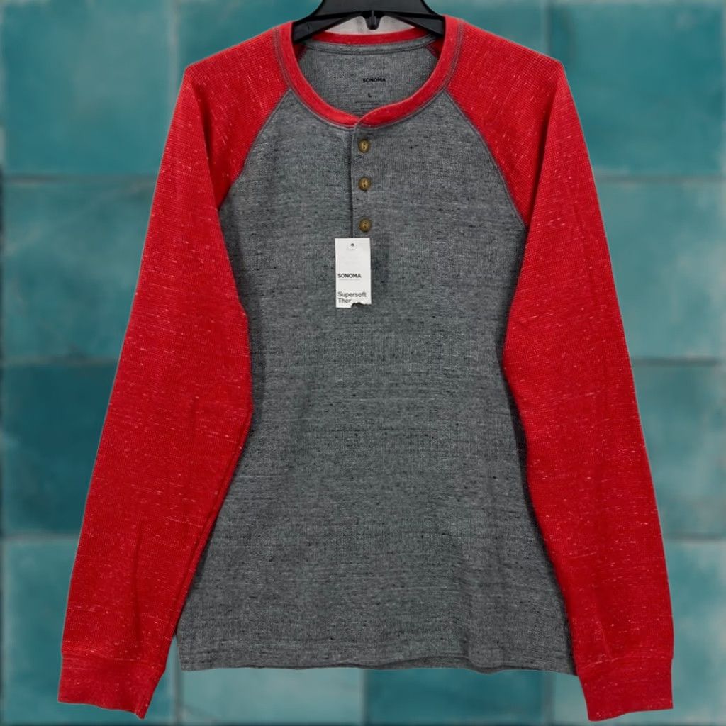 Vintage Sonoma Shirt Mens Large Gray Raglan Long Sleeve Thermal Henley Knit Cotton Blend Regular Fit Size US L / EU 52-54 / 3 - 1 Thumbnail