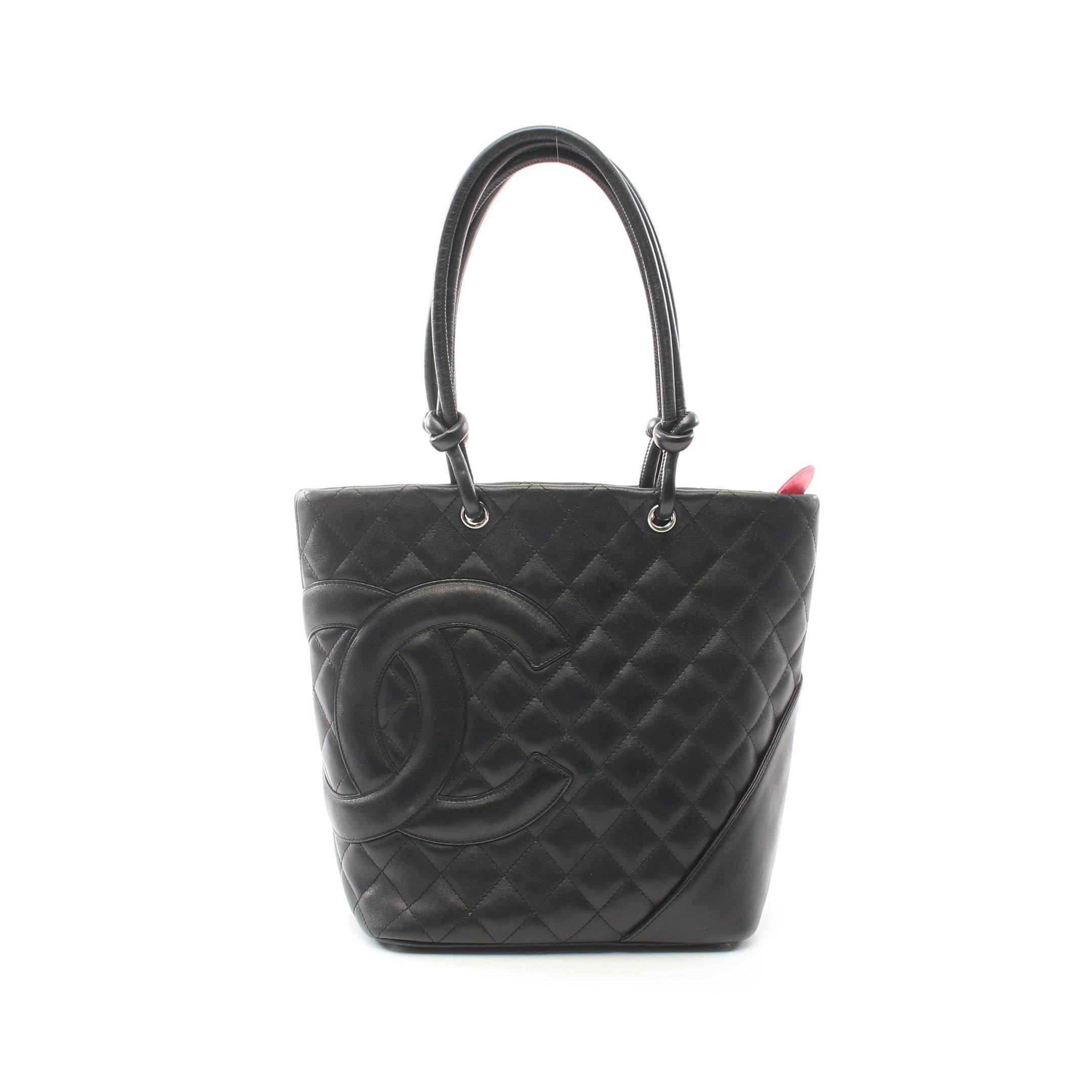 Chanel Cambon Line Medium Handbag Tote Bag Leather Black Silver Hardware
