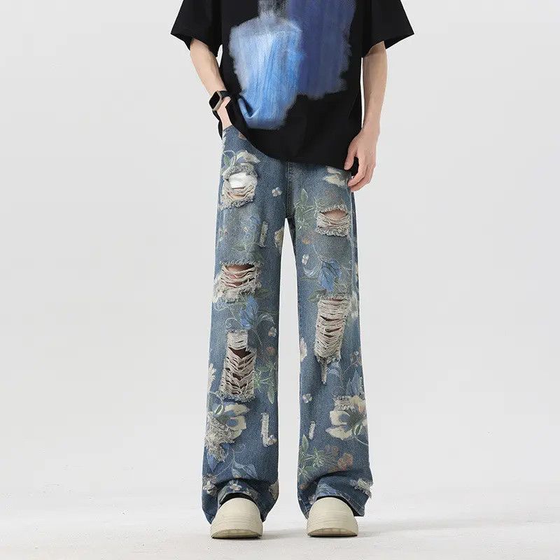 Japanese Brand Retro loose wide leg printed ripped jeans Size US 30 / EU 46 - 6 Thumbnail