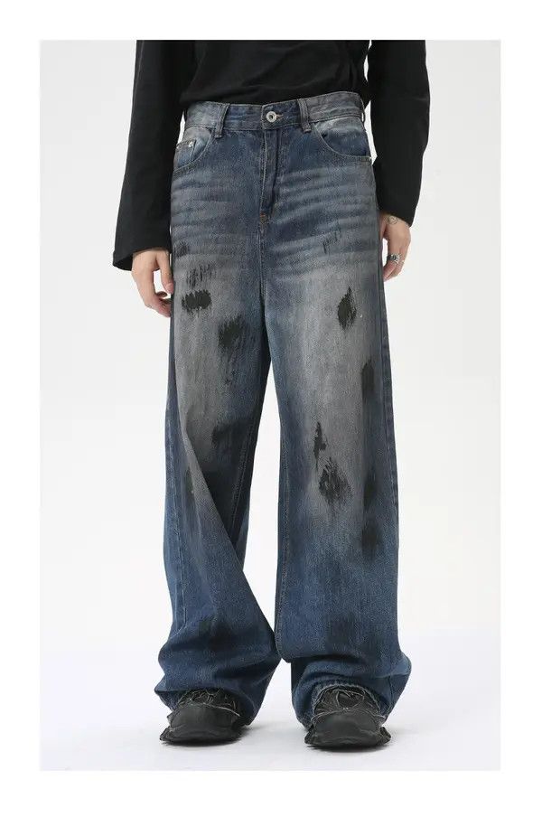 Japanese Brand Street Fashion Ink-Splashed Straight Washed Jeans Size US 32 / EU 48 - 1 Thumbnail