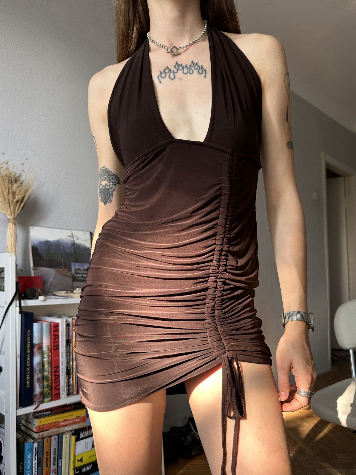 Seditionaries × Vintage Sexy Shiny Halter Ruched Draped Mini Micro Dress Gossigirl Size L / US 10 / IT 46 - 1 Thumbnail