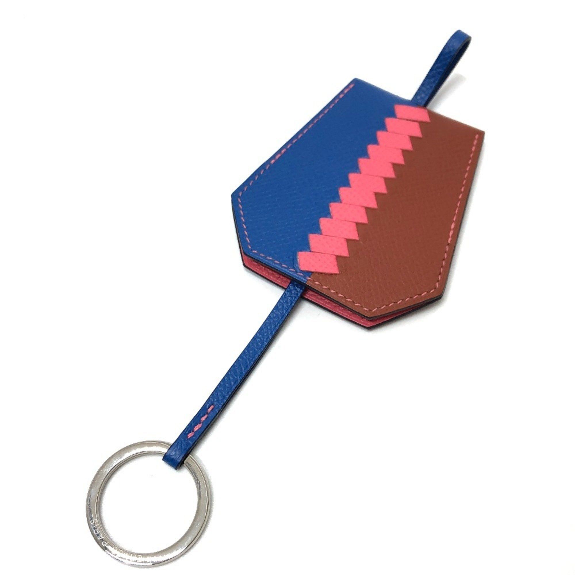 HERMES Hermès Clé Grand Trasage Crochet Key Ring Epson Women's Brick x Bleu Zéliege Rose Azalee Blue