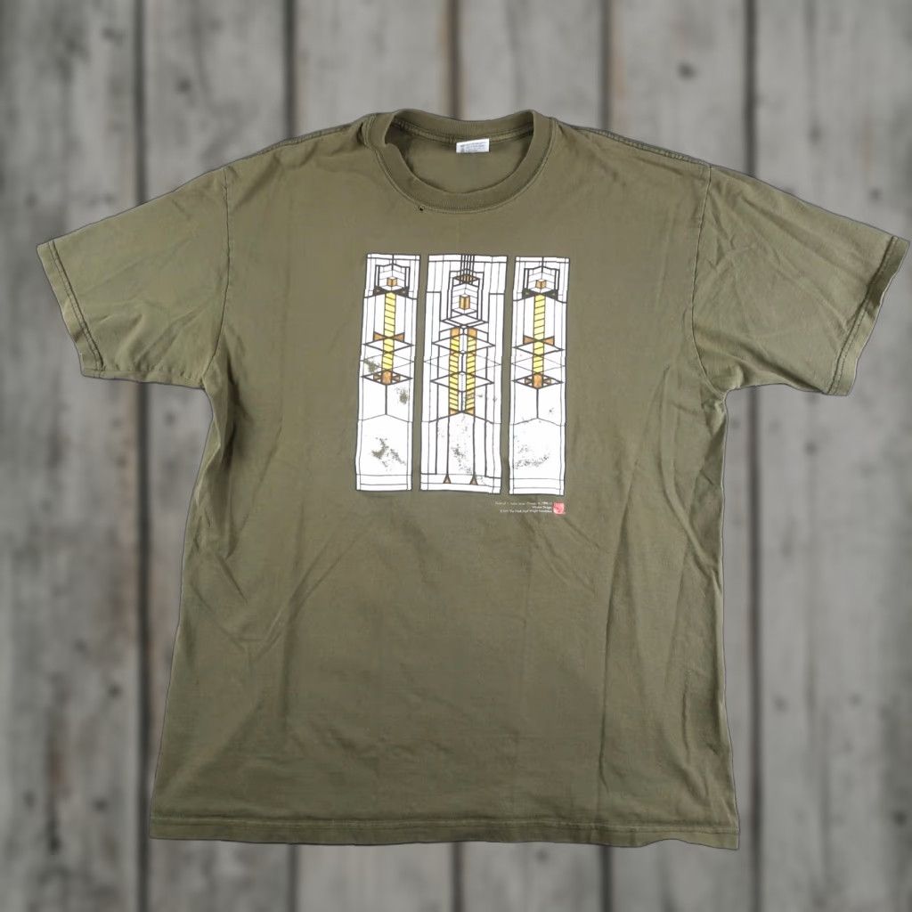 Anvil VINTAGE Frank Lloyd Wright Robie House Window Designs T Shirt 1990s XL Green Mens 90s Shirt Graphic Print Anvil Crew Neck Short Sleeve Cotton Size US XL / EU 56 / 4 - 1 Thumbnail