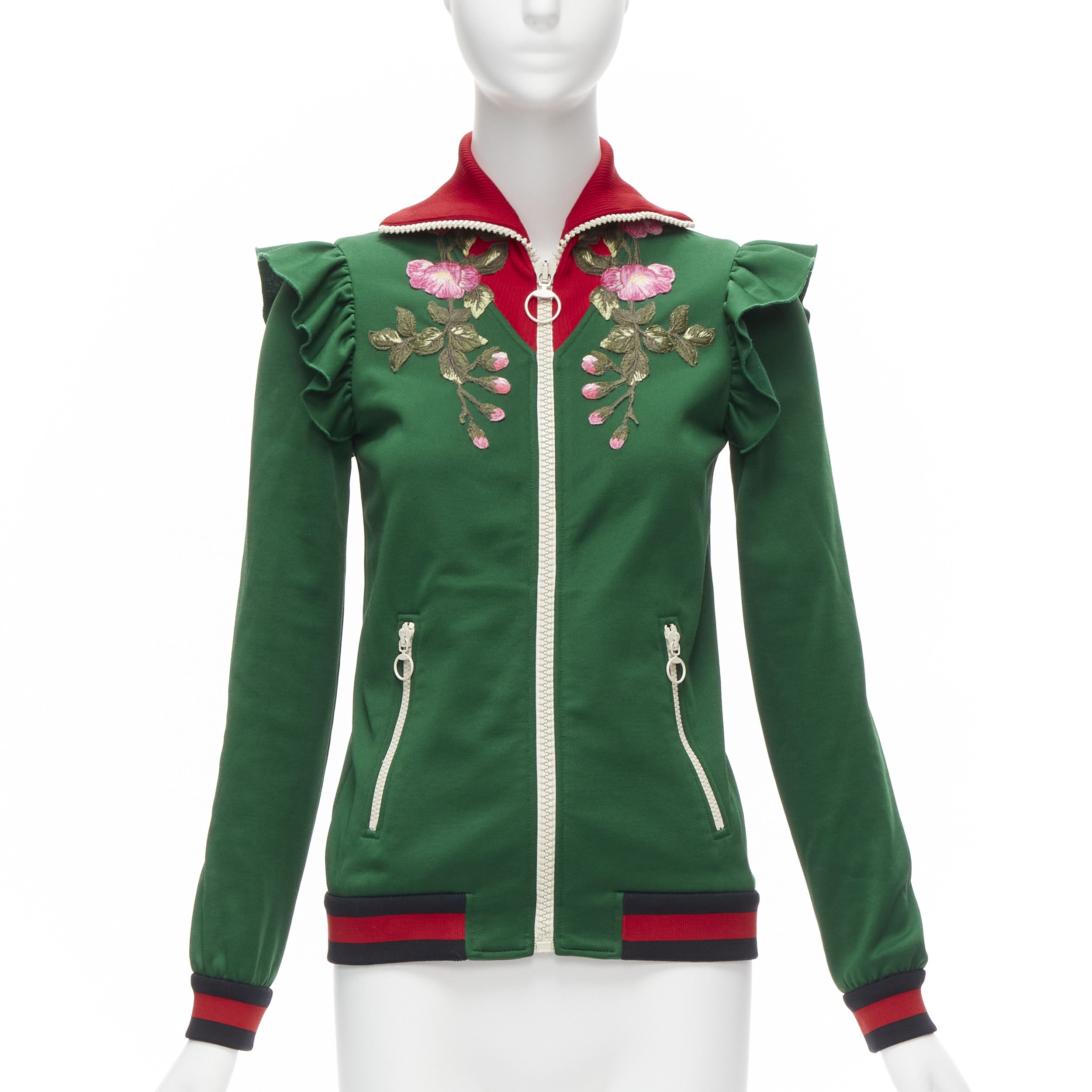 Gucci GUCCI Alessandro Michele green pink floral applique ruffled track jacket XS Size S / US 4 / IT 40 - 1 Thumbnail