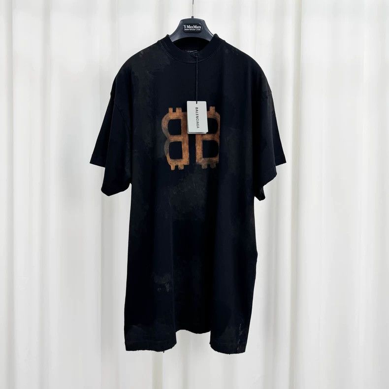 Balenciaga Mud-dyed and worn-out printed short sleeves