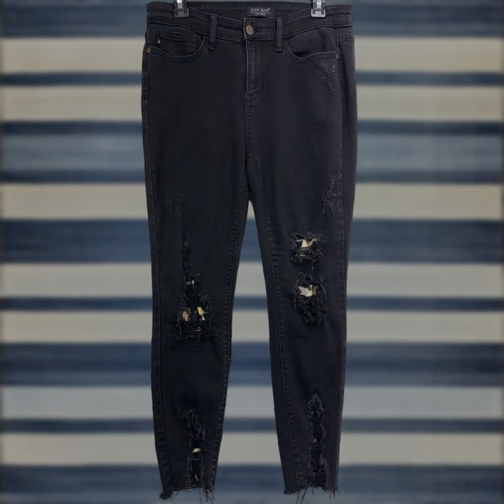 JUDY BLUE Black Destroyed Leopard Patch Mid Rise Skinny Jeans Size