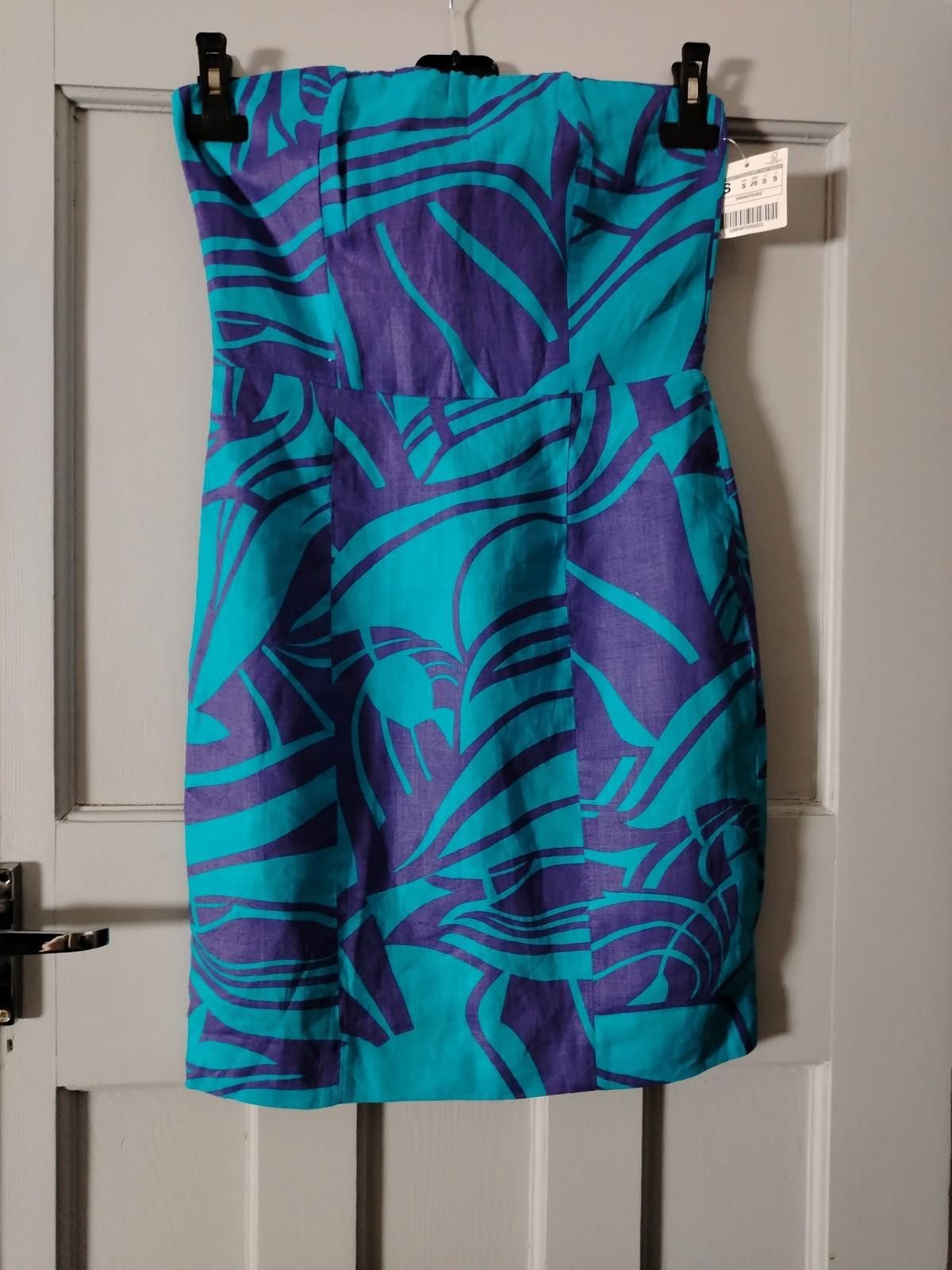 Zara Zara Basic Strapless Mini Dress Teal Purple Abstract Print Size S / US 4 / IT 40 - 2 Thumbnail