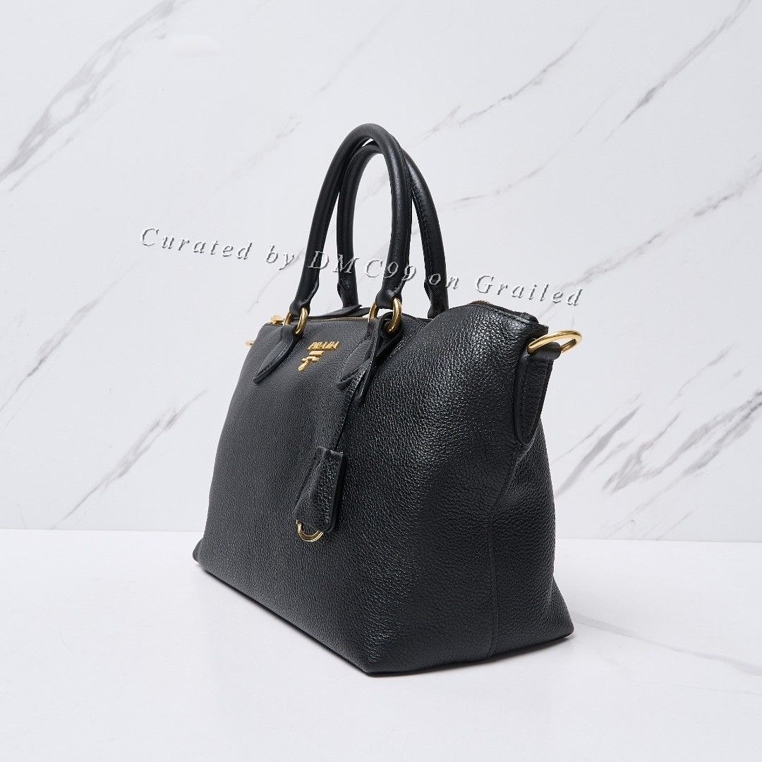 Prada Prada Black Leather Gold Logo Tote Bag Size ONE SIZE - 5 Thumbnail