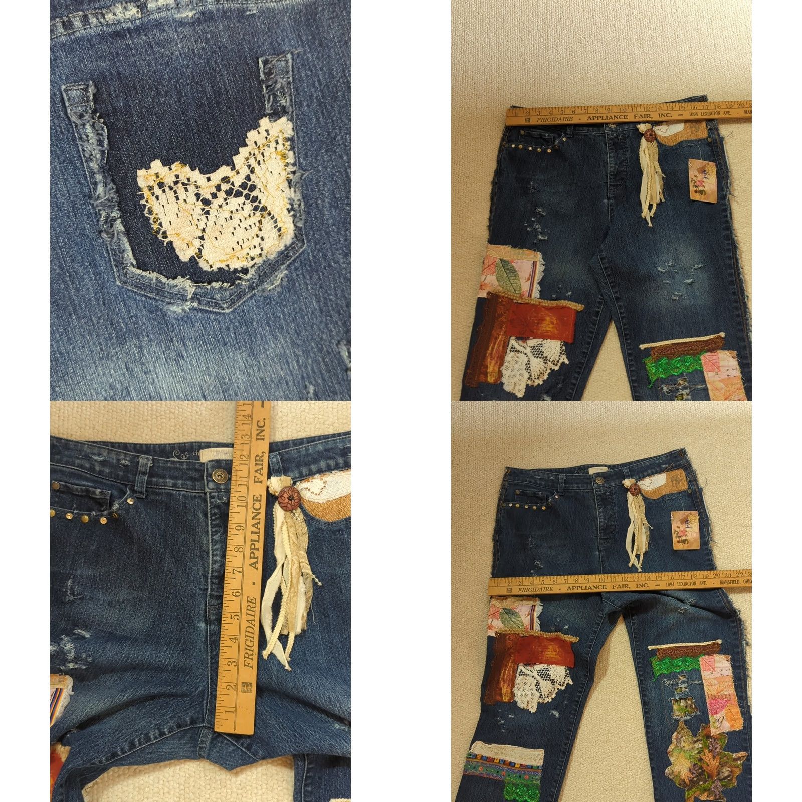 Vintage Artsy Jeans Patchwork Pockets Pearl Woodstock Boho Size 14P Size 36" / US 14 / IT 50 - 9 Thumbnail