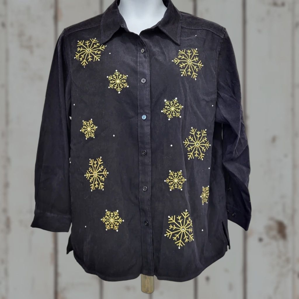 Quacker Factory VINTAGE Quacker Factory Shirt Jacket Women 1X Black Gold Snowflakes Long Sleeve Button-Up Embroidered Christmas Holiday Size XL / US 12-14 / IT 48-50 - 1 Thumbnail