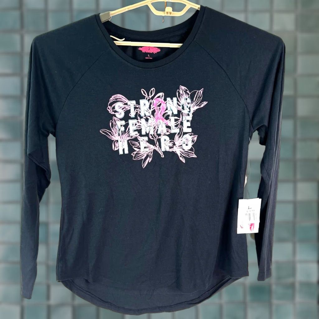 Olive LIVE BREATHE FIGHT T-Shirt Women Black L Size 100% Cotton Floral Chambray Crew Neck Long Sleeve Strong Female Hero Pink Accent Women’s Tee Size L / US 10 / IT 46 - 1 Thumbnail