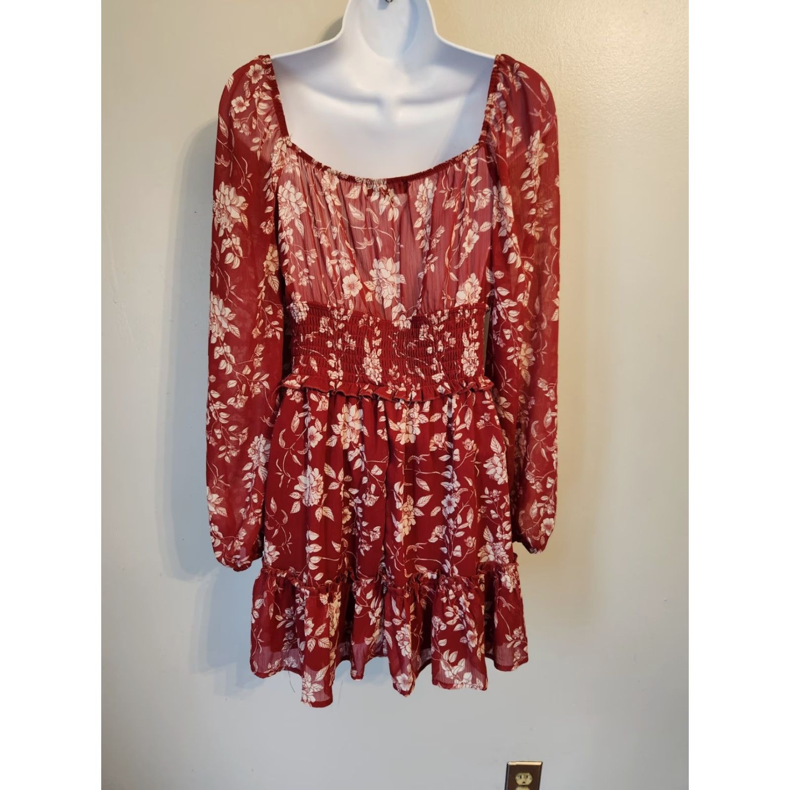 Vintage Trixxi Red Floral Smocked Waist A-Line Mini Dress Hippie Boho Sz M Adult Womens Size 32" / US 10 / IT 46 - 6 Thumbnail