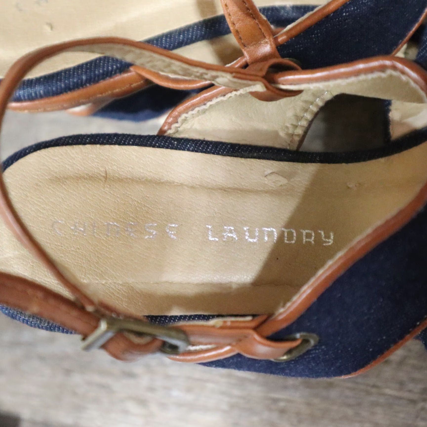 Vintage CL by Chinese Laundry Leather Open Toe Slingback Womens Size 8 Blue Tan WEDGE Shoes Pumps Classics Casual Pattern Solid Med Width 8 Size US 8 / IT 38 - 7 Thumbnail